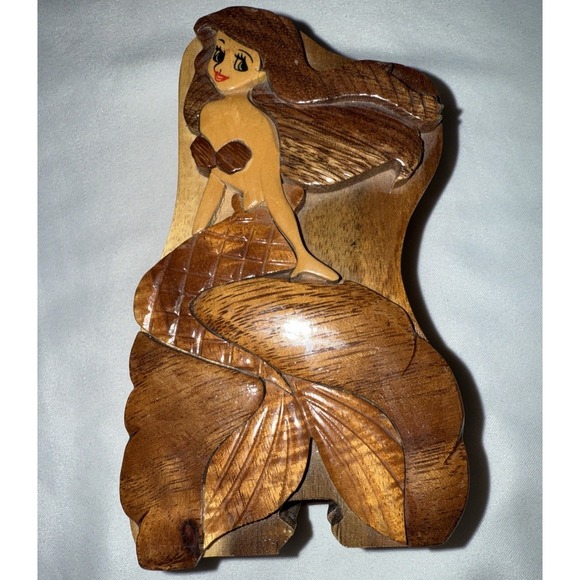 Ariel Carved Wooden Puzzle Trinket Box Mermaid - Picture 1 of 6